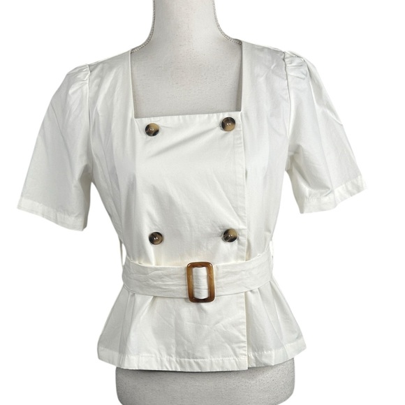 Dazy Elegant White Belted Women's Coastal Casual Business Career Top Size M New! - Picture 2 of 8